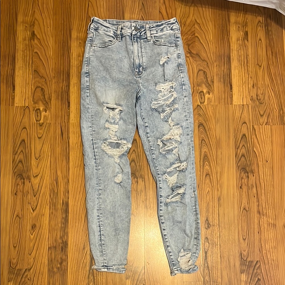 Light Blue Distressed High-Waisted Ankle Jeans